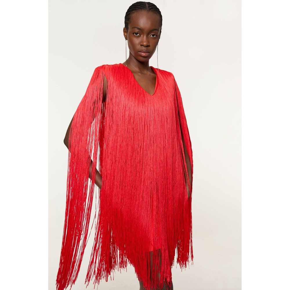 Karen Millen NWT Figure Form Bandage Knit V Neck Fringe Mini Dress Size XS